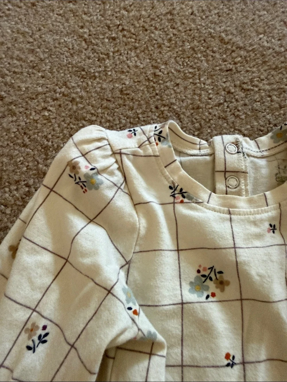 Organic Cream Grid Floral Long-Sleeve Baby Bodysuit